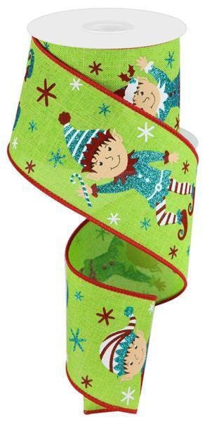 Elves On Royal Burlap, Christmas Ribbon, Wired, Lime, Turquoise, Brown, Red, 2.5" X 10 YD., RGC1761LS