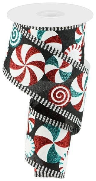 Bold Peppermint Ribbon, Thin Stripe Edges, Wired, Black, White, Turquoise, Red,  2.75" X 10 YD, RGA8094X6