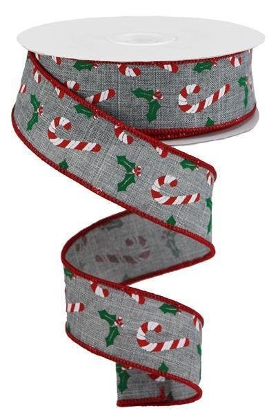 Candy Canes, Holly, On Royal, Wired Ribbon, Grey,  White, Red, Emerald, 1.5" X 10 YD, RGB114310