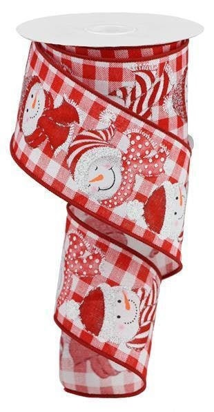 Snowman On Check, Wired Ribbon, Red, White, Silver, 2.5" X 10 YD, RGA191424