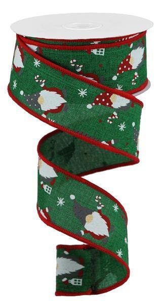 Christmas Gnomes On Royal, Wired Ribbon, Emerald Green, Red, White, 1.5" X 10 YD, RGB107106