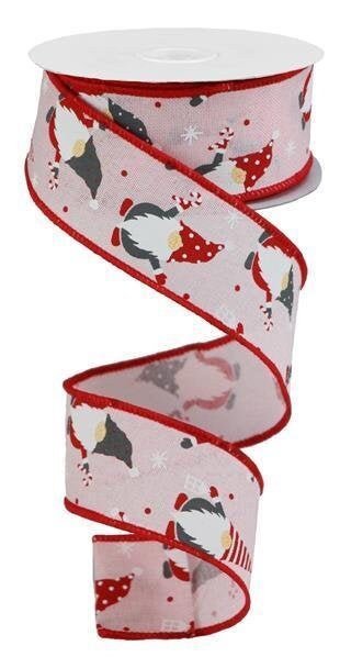 Christmas Gnomes On Royal, Wired Ribbon, Powder Pink, Red, White, 1.5" X 10 YD, RGB107115