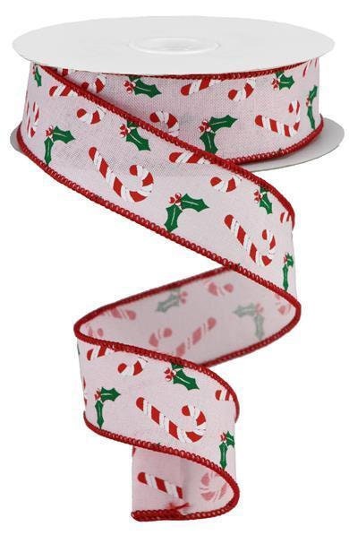 Candy Canes, Holly, On Royal, Wired Ribbon, Pink, White, Red, Emerald, 1.5" X 10 YD, RGB114315