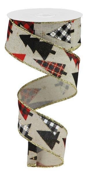 Plaid Trees, On Royal, Wired Ribbon, Christmas, Winter, Light Natural, Red, Gold, White, 1.5" X 10 YD, RGB10563K