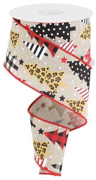 Patterned Trees, On Royal, Wired Ribbon, Christmas, Winter, Natural, Red, Tan, Brown, Black, 2.5" X 10 YD, RGC175518