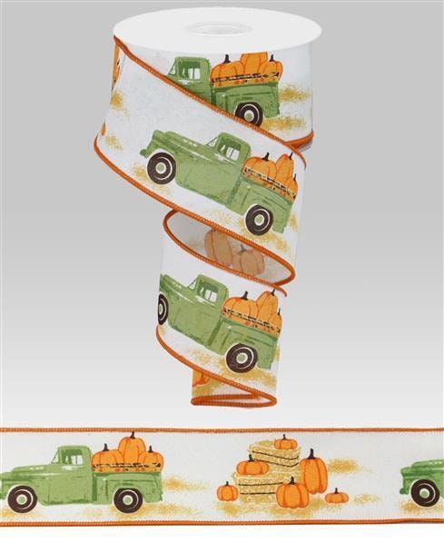 Truck With Pumpkins Ribbon, Wired, On Royal, Farm Truck, Fall, White, Moss, Orange, Brown 2.5" X 10 YD, RG0183627