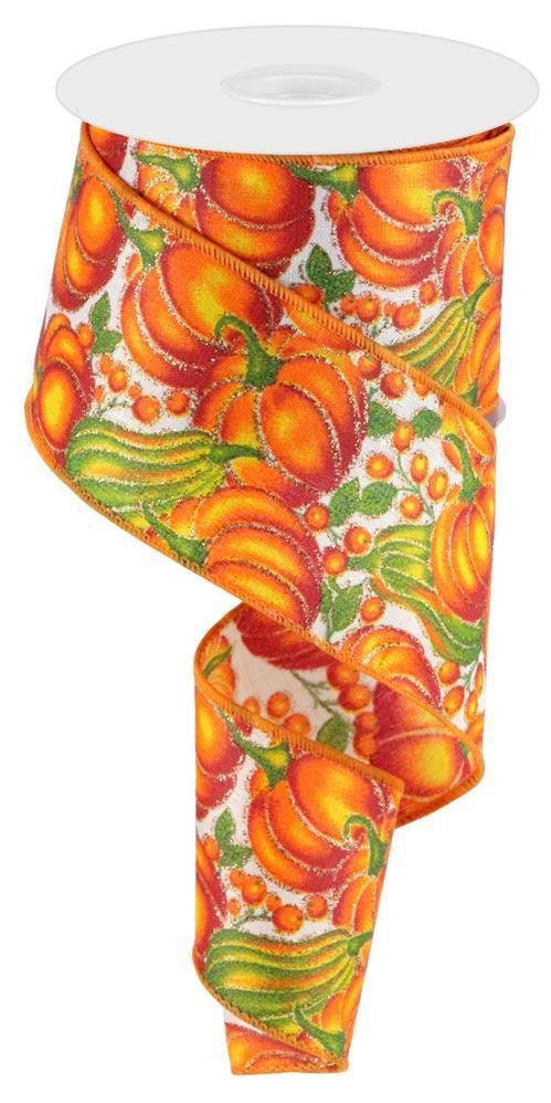 Pumpkin, Gourd, Berries, Wired Ribbon, Fall, Glitter, Orange, Green, Cream, 2.5" X 10 YD, RGC1918