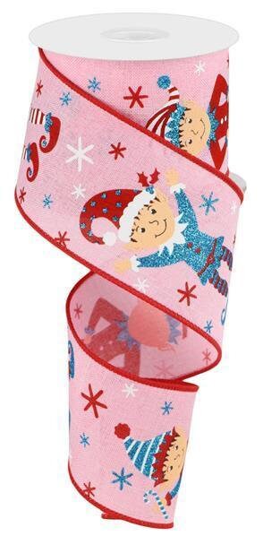 Elves On Royal Burlap, Christmas Ribbon, Wired, Light Pink, Turquoise, Brown, Red, 2.5" X 10 YD., RGC17618F