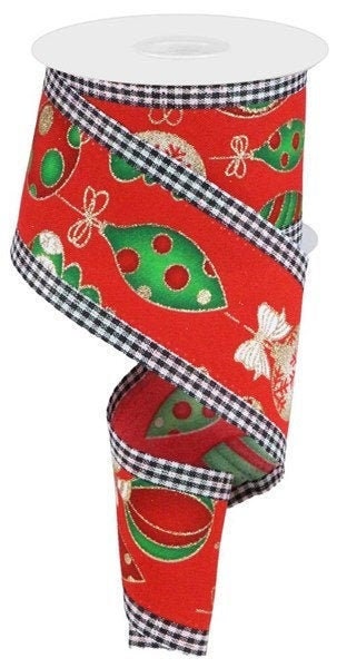Hanging Christmas Ornaments, Gingham Edge, Wired Ribbon, Black, Red, Green, Gold, White, 2.5" X 10 YD, RGA827624