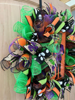 Frankenstein Wreath, Halloween, Deco Mesh, Wired Ribbon, Polka Dots, Orange, Black, Purple, Green