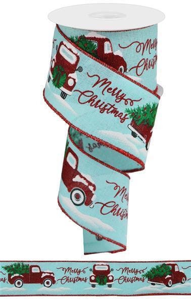 Merry Christmas, Truck Ribbon, Ice Blue, Red, Green, 2.5" X 10 YD, RGA1905H1