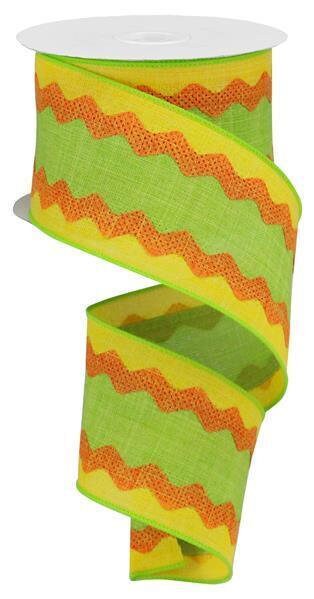 3-IN-1 Ricrac on Royal Burlap, Lime, Orange, Yellow, Canvas, 2.5” x 10 Yards, Wired Ribbon, RG20292F