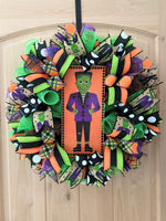 Frankenstein Wreath, Halloween, Deco Mesh, Wired Ribbon, Polka Dots, Orange, Black, Purple, Green