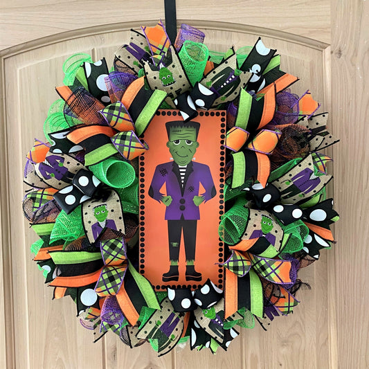 Frankenstein Wreath, Halloween, Deco Mesh, Wired Ribbon, Polka Dots, Orange, Black, Purple, Green