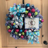 Hippo Christmas Wreath, I want a Hippopotamus for Christmas, Blue, Gray, Pink, Green, Purple, Yellow and White, 26" X 26"