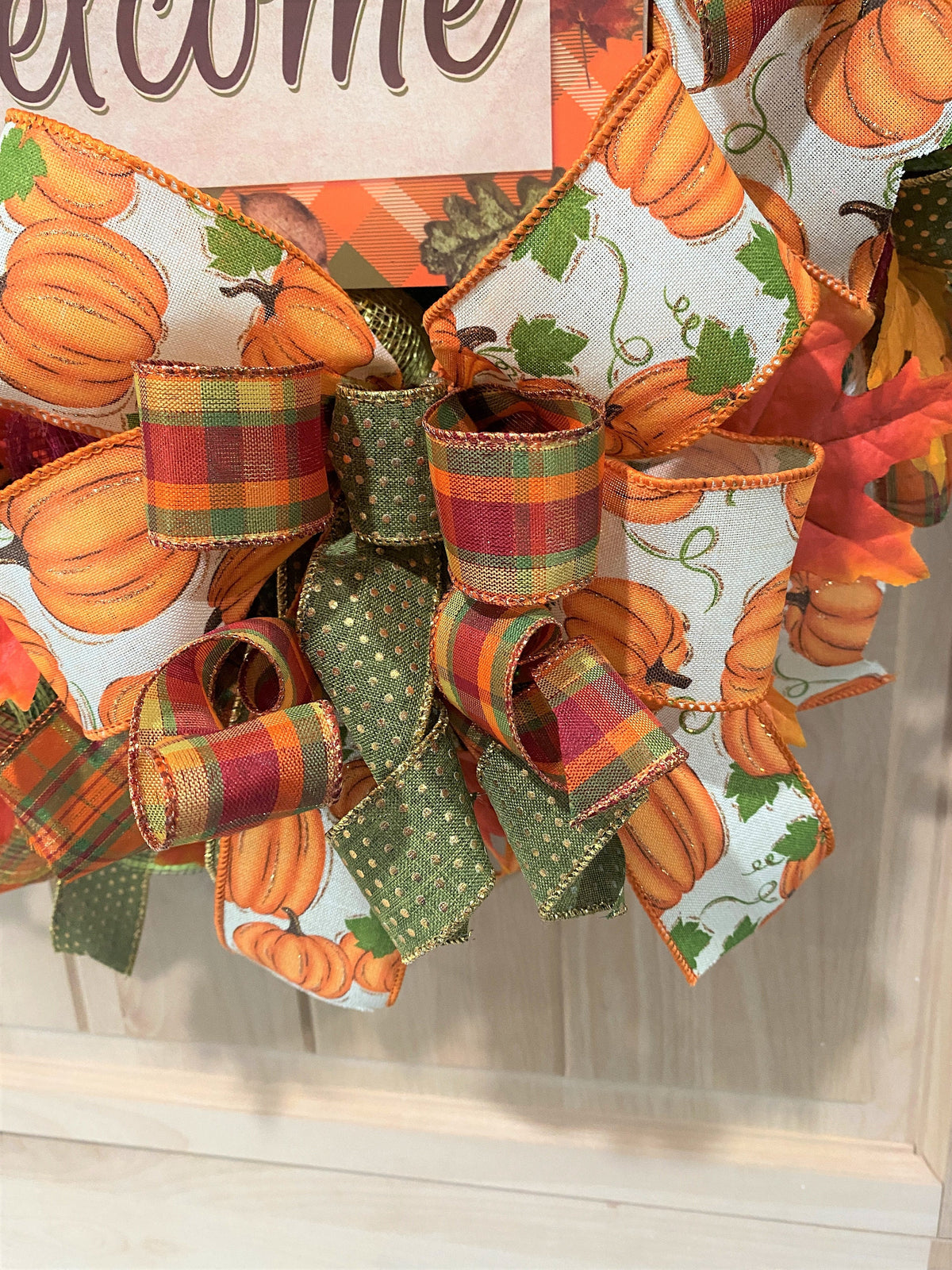 Welcome Fall Wreath, Deco Mesh & Fabric Mesh, Autumn, Pumpkins, Fall Leaves, Fall Plaid, Gold, Brown, Burgundy, Green, White, Cream