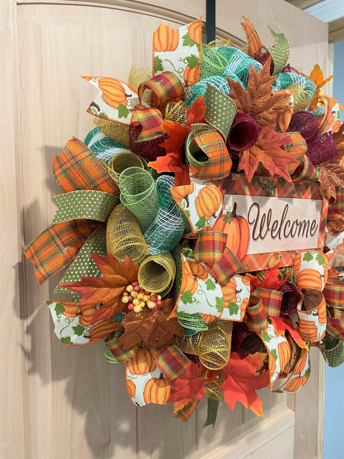 Welcome Fall Wreath, Deco Mesh & Fabric Mesh, Autumn, Pumpkins, Fall Leaves, Fall Plaid, Gold, Brown, Burgundy, Green, White, Cream