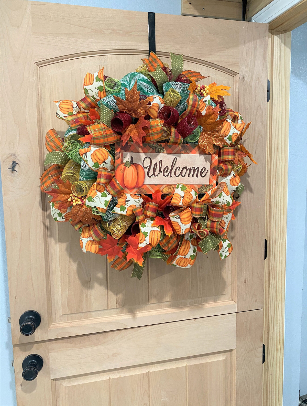 Welcome Fall Wreath, Deco Mesh & Fabric Mesh, Autumn, Pumpkins, Fall Leaves, Fall Plaid, Gold, Brown, Burgundy, Green, White, Cream