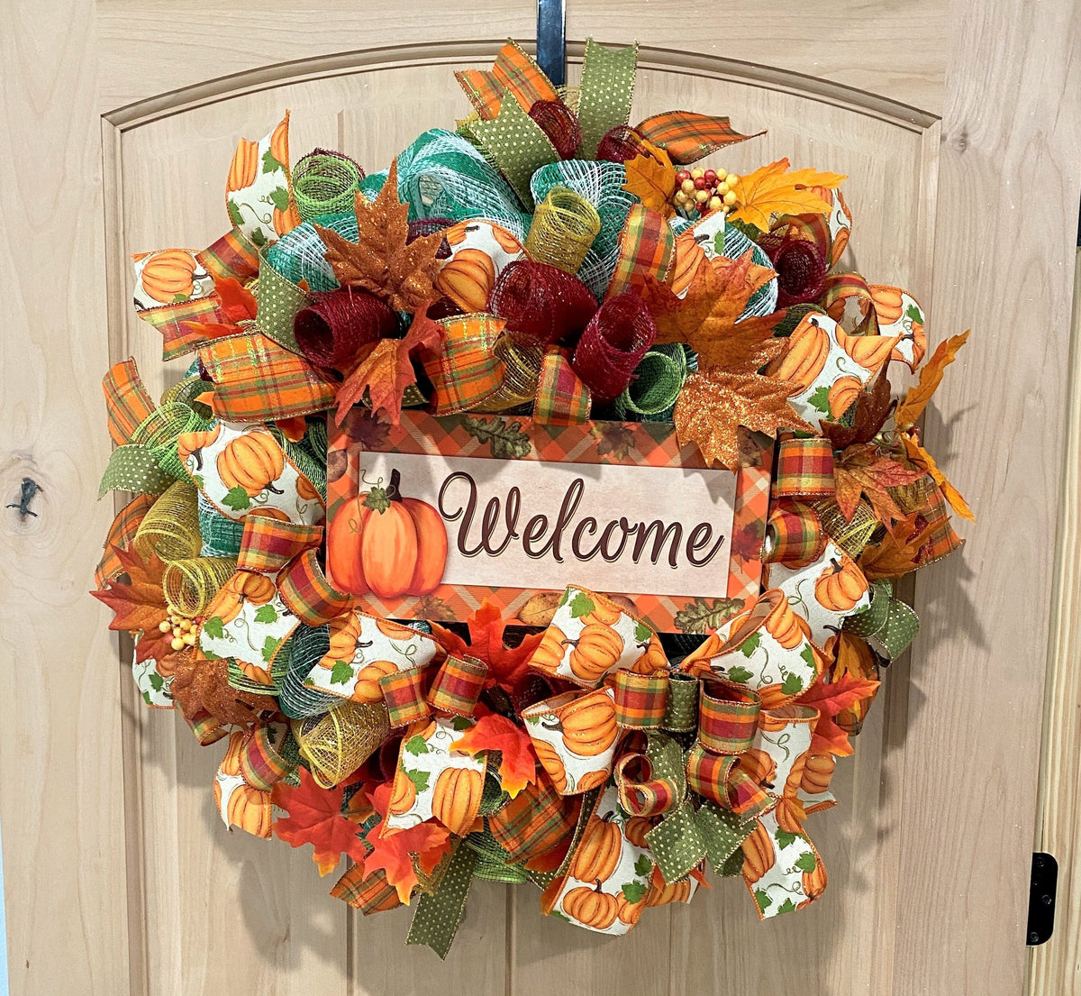 Welcome Fall Wreath, Deco Mesh & Fabric Mesh, Autumn, Pumpkins, Fall Leaves, Fall Plaid, Gold, Brown, Burgundy, Green, White, Cream