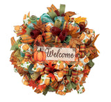 Welcome Fall Wreath, Deco Mesh & Fabric Mesh, Autumn, Pumpkins, Fall Leaves, Fall Plaid, Gold, Brown, Burgundy, Green, White, Cream