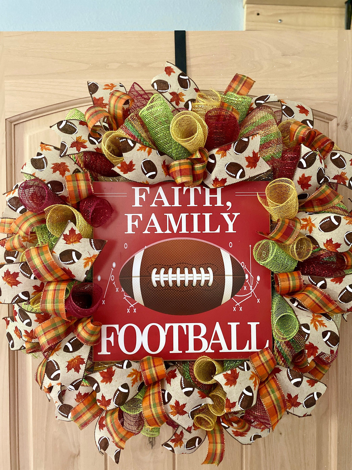 Fall Football Wreath, Faith, Family, Football, Deco Mesh, Burgundy, Cream, Green, Orange, Brown, White, Yellow, Gold
