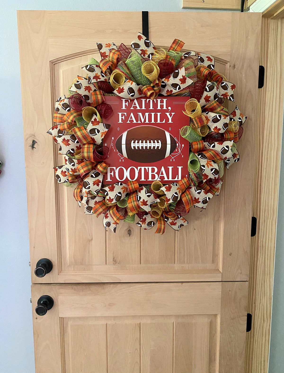 Fall Football Wreath, Faith, Family, Football, Deco Mesh, Burgundy, Cream, Green, Orange, Brown, White, Yellow, Gold
