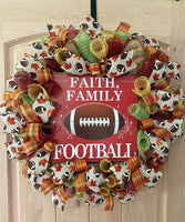 Fall Football Wreath, Faith, Family, Football, Deco Mesh, Burgundy, Cream, Green, Orange, Brown, White, Yellow, Gold