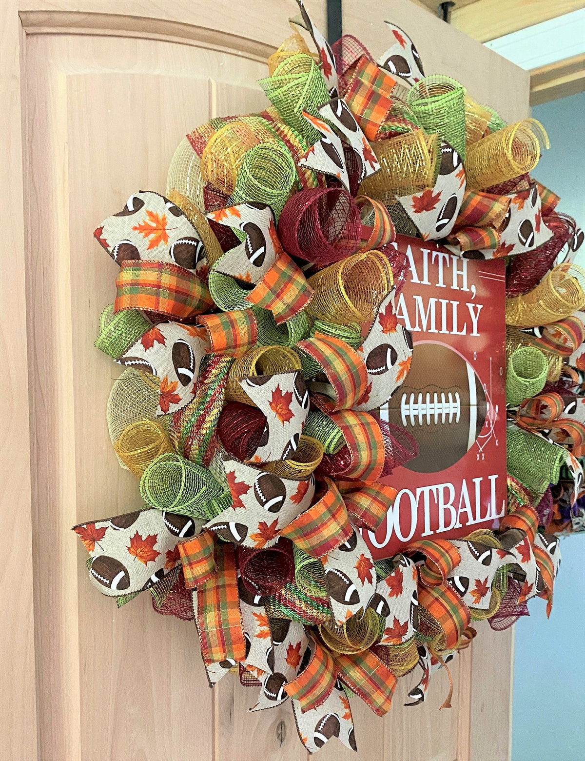 Fall Football Wreath, Faith, Family, Football, Deco Mesh, Burgundy, Cream, Green, Orange, Brown, White, Yellow, Gold