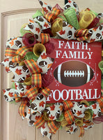 Fall Football Wreath, Faith, Family, Football, Deco Mesh, Burgundy, Cream, Green, Orange, Brown, White, Yellow, Gold