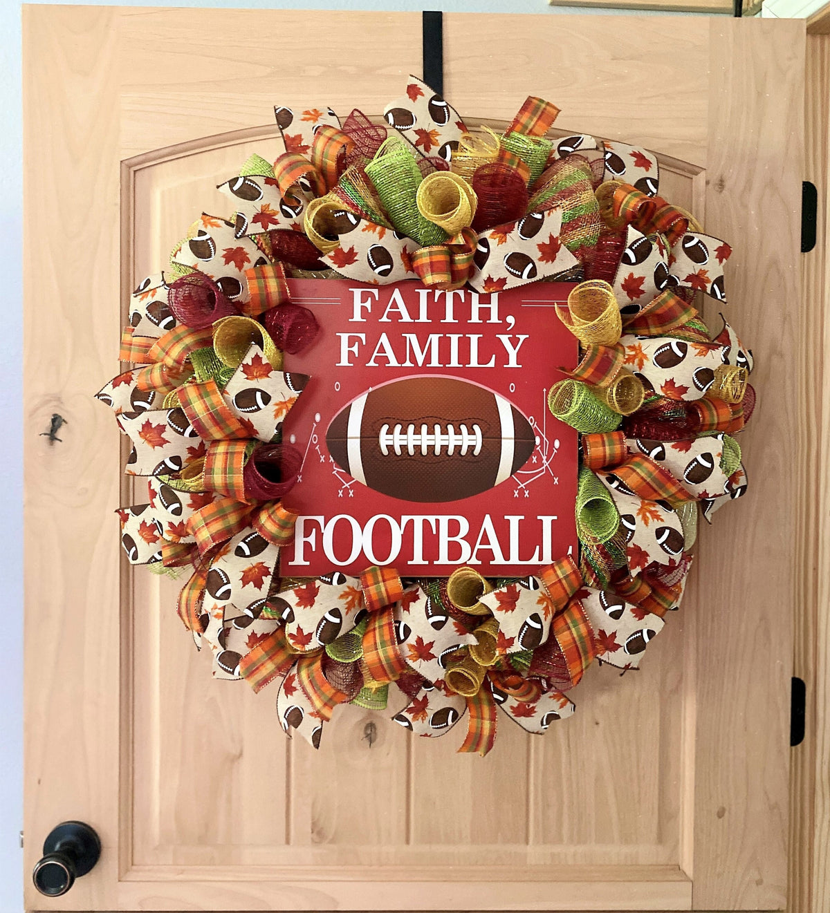 Fall Football Wreath, Faith, Family, Football, Deco Mesh, Burgundy, Cream, Green, Orange, Brown, White, Yellow, Gold