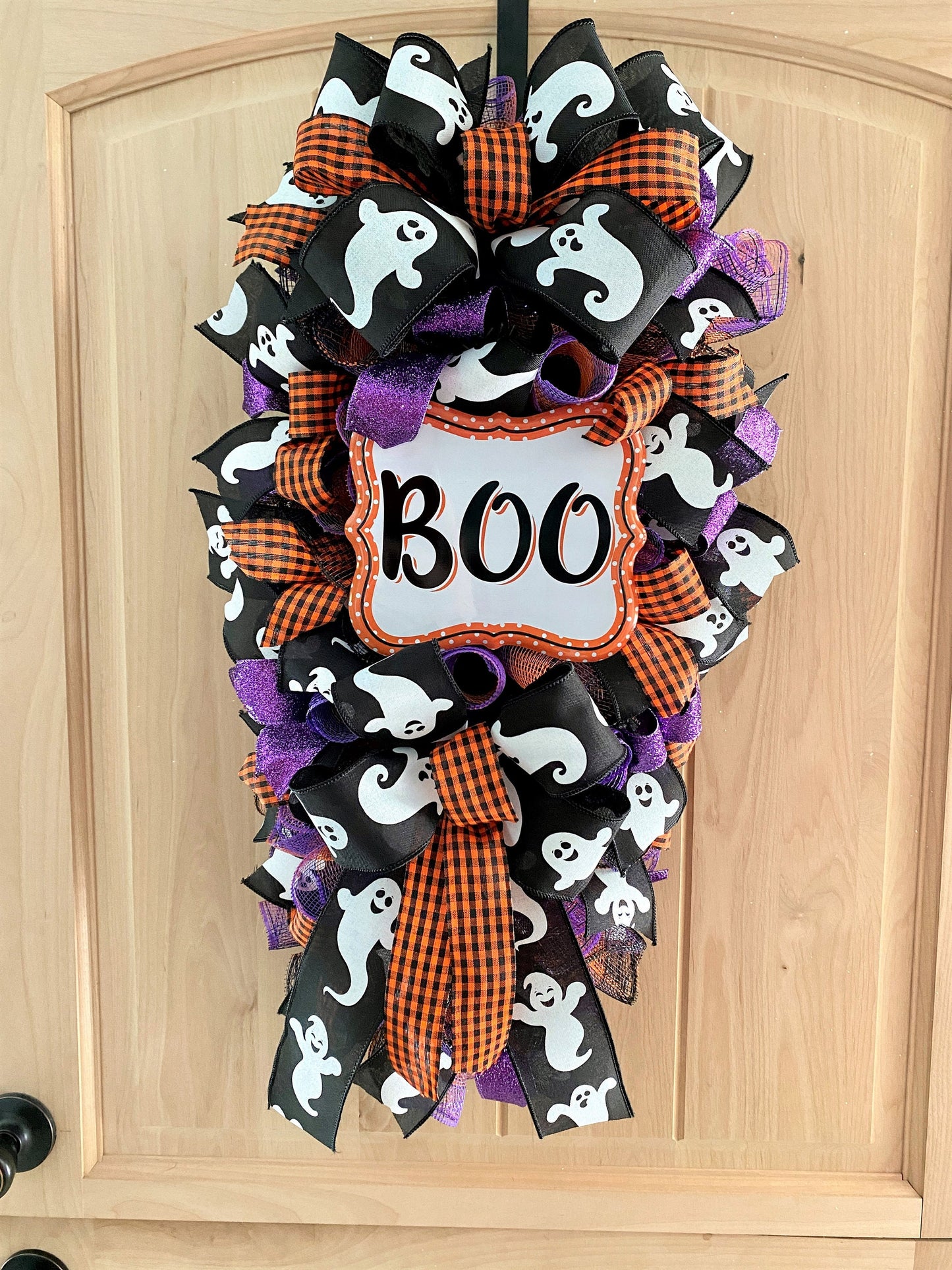 Halloween Door Swag, BOO, Teardrop Shape, Ghost, Orange, Black, Purple Glitter, Deco Mesh, 28" Length