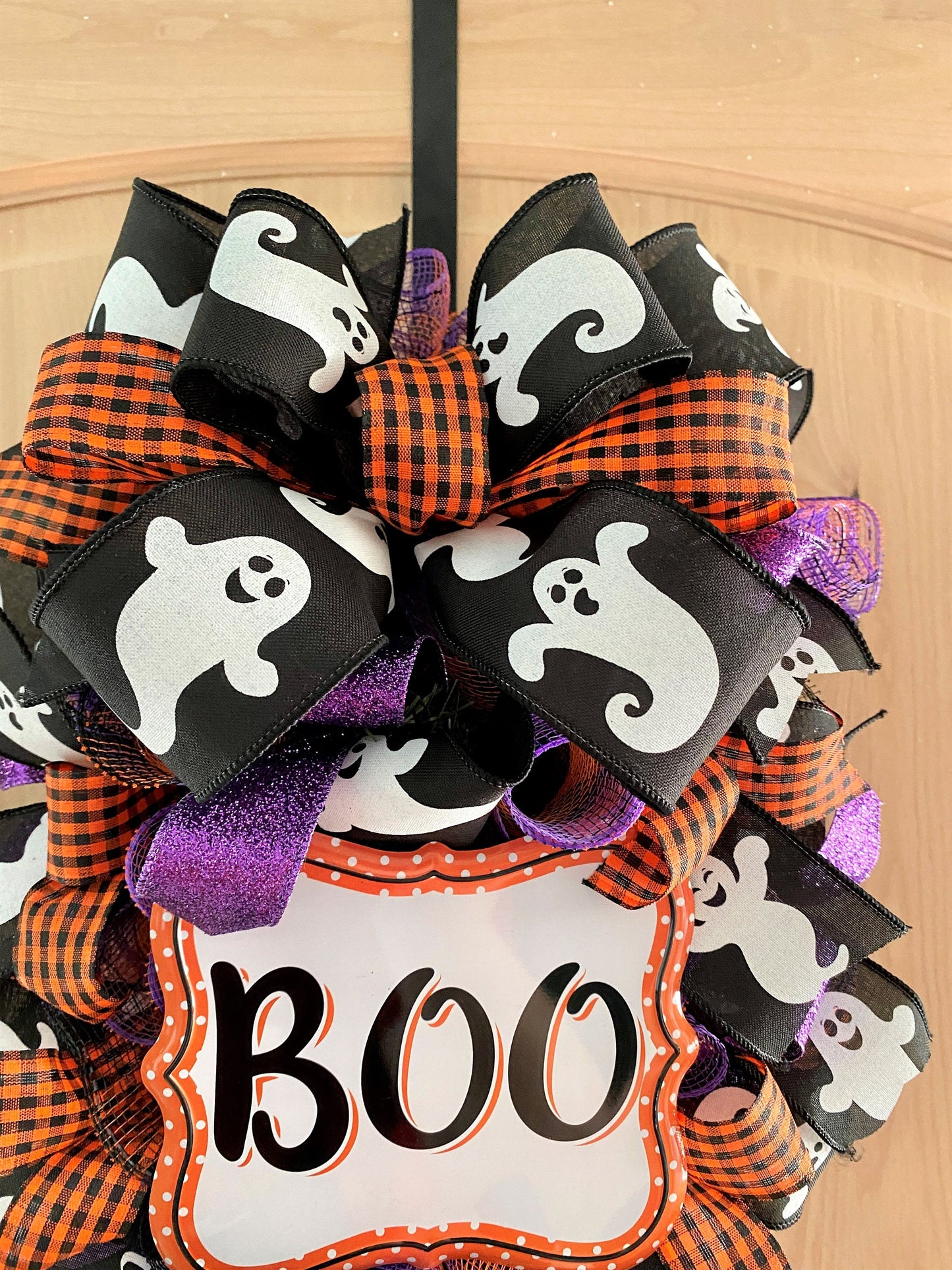 Halloween Door Swag, BOO, Teardrop Shape, Ghost, Orange, Black, Purple Glitter, Deco Mesh, 28" Length