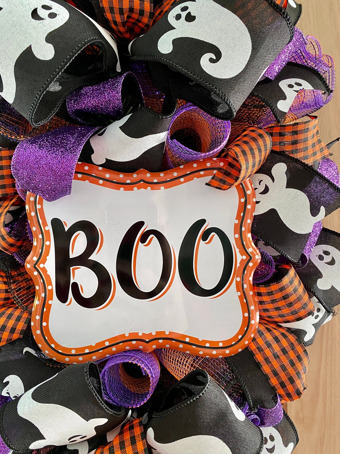 Halloween Door Swag, BOO, Teardrop Shape, Ghost, Orange, Black, Purple Glitter, Deco Mesh, 28" Length