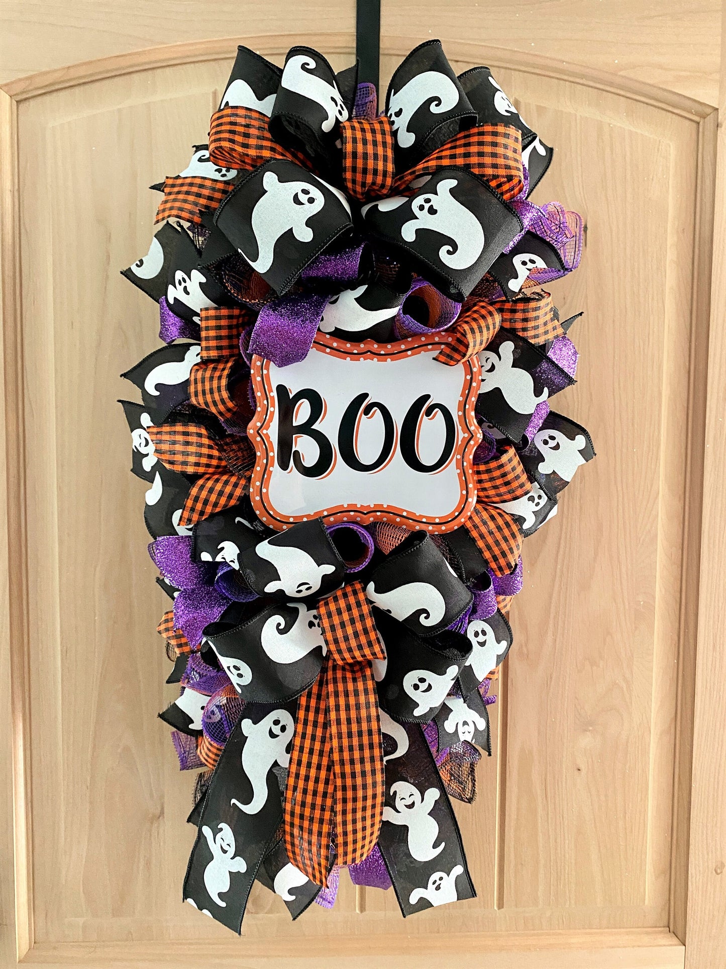 Halloween Door Swag, BOO, Teardrop Shape, Ghost, Orange, Black, Purple Glitter, Deco Mesh, 28" Length