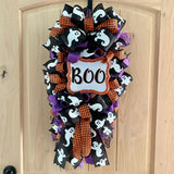 Halloween Door Swag, BOO, Teardrop Shape, Ghost, Orange, Black, Purple Glitter, Deco Mesh, 28" Length