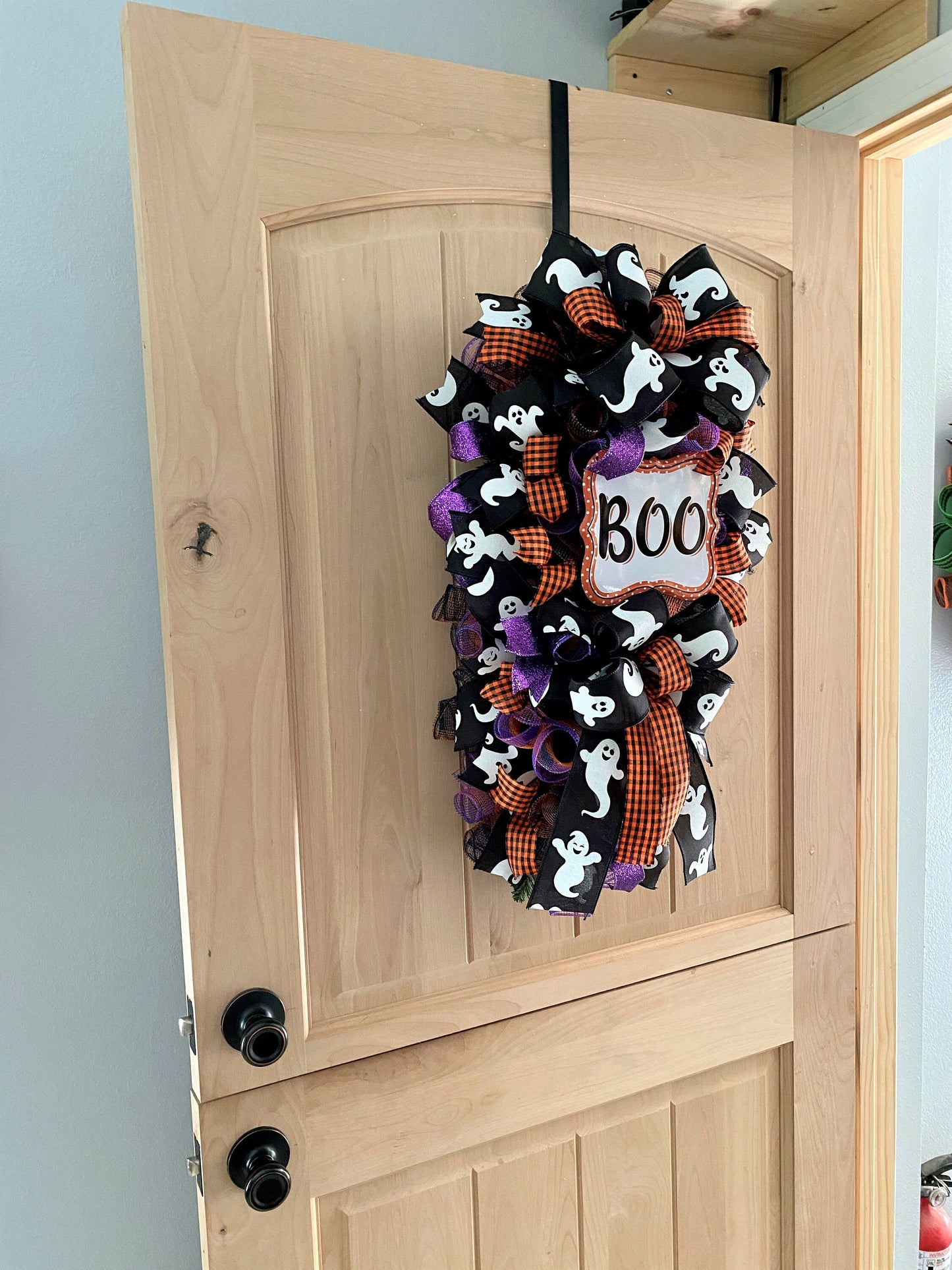 Halloween Door Swag, BOO, Teardrop Shape, Ghost, Orange, Black, Purple Glitter, Deco Mesh, 28" Length
