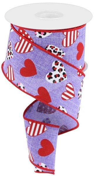Valentine Ribbon,  Multi, Leopard, Hearts, Lavender, Red, Pink, White, Black, Wired, 2.5" X 10 YD, RGC177713