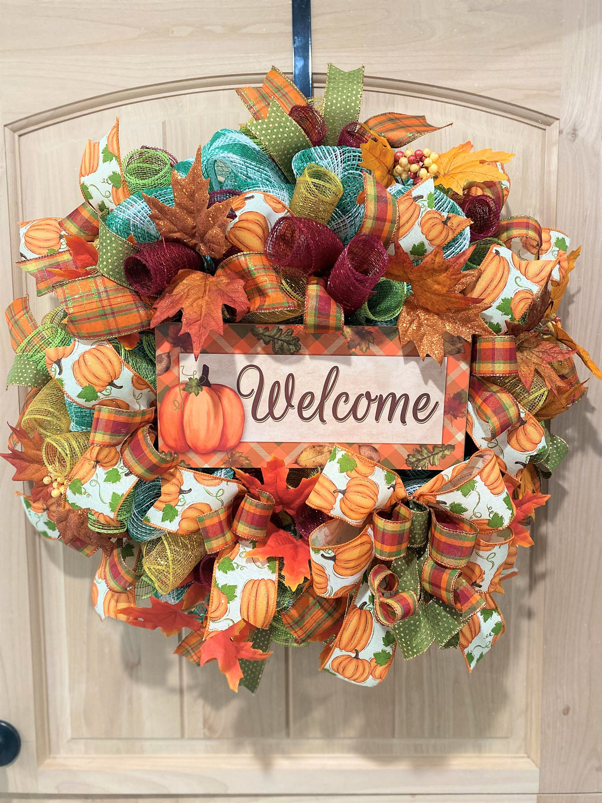Welcome Fall Wreath, Deco Mesh & Fabric Mesh, Autumn, Pumpkins, Fall Leaves, Fall Plaid, Gold, Brown, Burgundy, Green, White, Cream