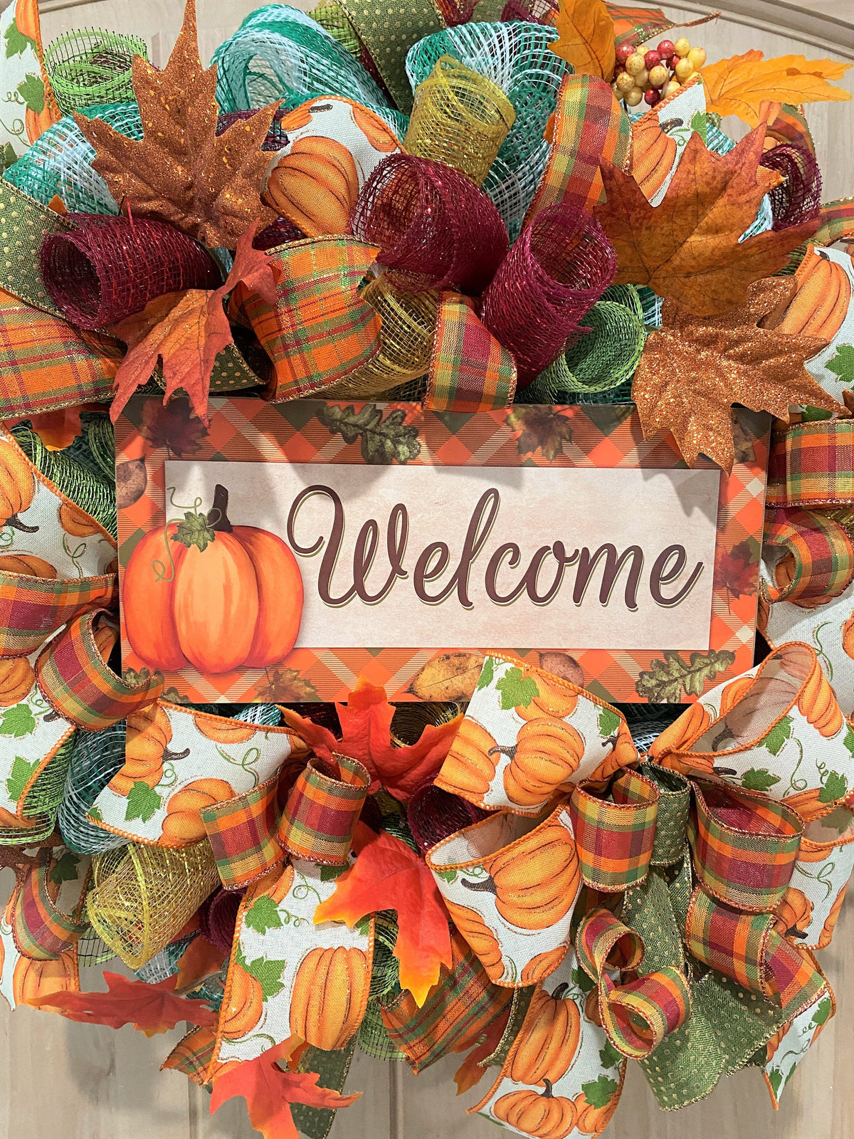 Welcome Fall Wreath, Deco Mesh & Fabric Mesh, Autumn, Pumpkins, Fall Leaves, Fall Plaid, Gold, Brown, Burgundy, Green, White, Cream