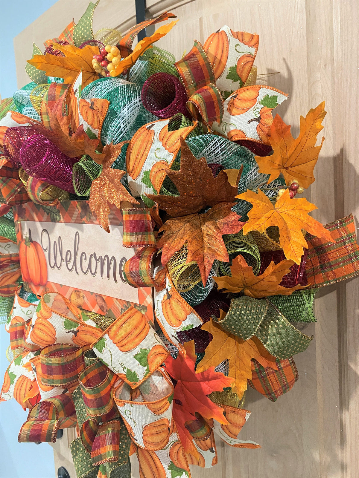Welcome Fall Wreath, Deco Mesh & Fabric Mesh, Autumn, Pumpkins, Fall Leaves, Fall Plaid, Gold, Brown, Burgundy, Green, White, Cream