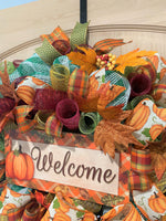 Welcome Fall Wreath, Deco Mesh & Fabric Mesh, Autumn, Pumpkins, Fall Leaves, Fall Plaid, Gold, Brown, Burgundy, Green, White, Cream