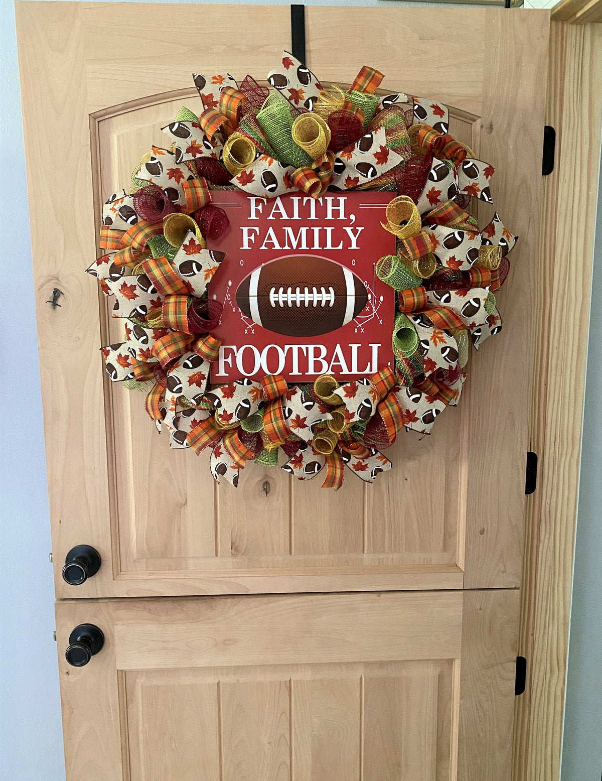 Fall Football Wreath, Faith, Family, Football, Deco Mesh, Burgundy, Cream, Green, Orange, Brown, White, Yellow, Gold