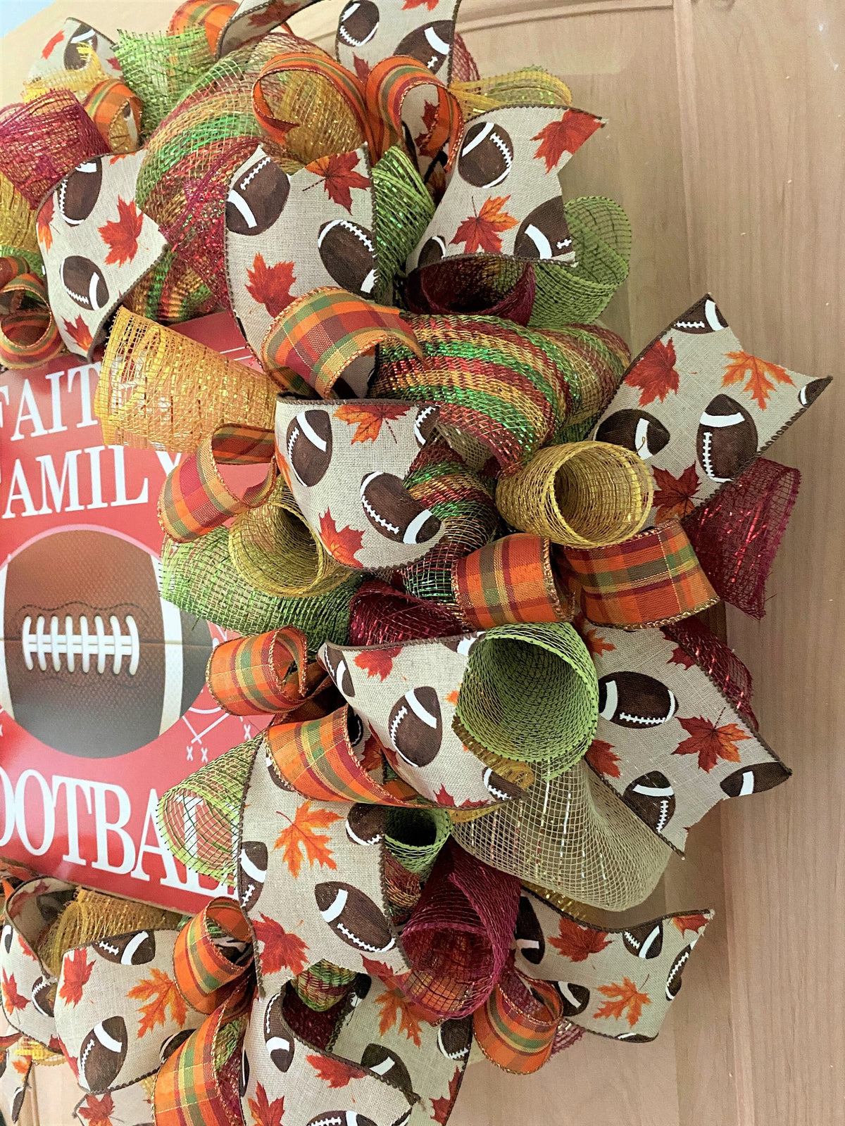 Fall Football Wreath, Faith, Family, Football, Deco Mesh, Burgundy, Cream, Green, Orange, Brown, White, Yellow, Gold