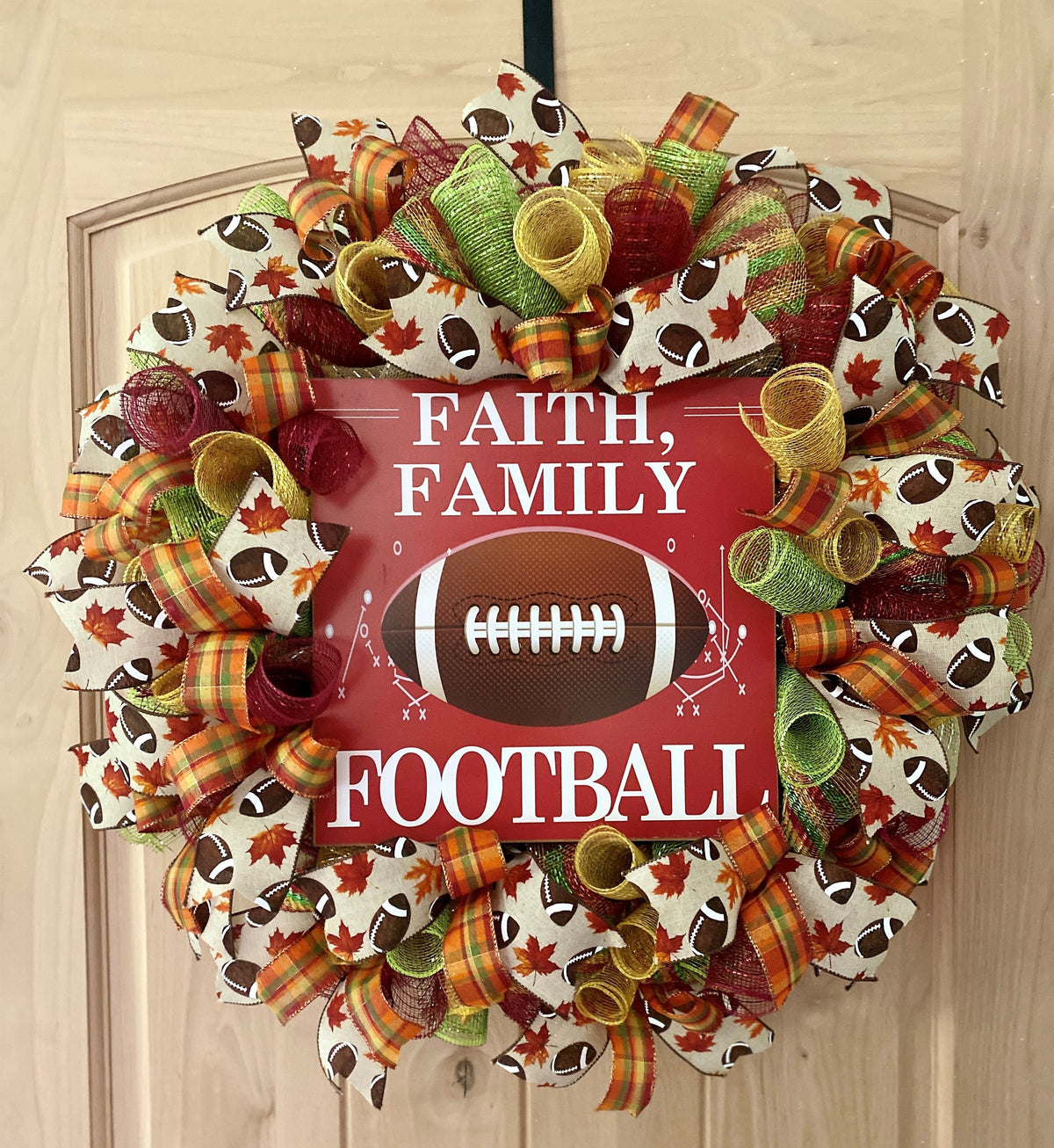 Fall Football Wreath, Faith, Family, Football, Deco Mesh, Burgundy, Cream, Green, Orange, Brown, White, Yellow, Gold