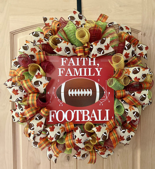 Fall Football Wreath, Faith, Family, Football, Deco Mesh, Burgundy, Cream, Green, Orange, Brown, White, Yellow, Gold