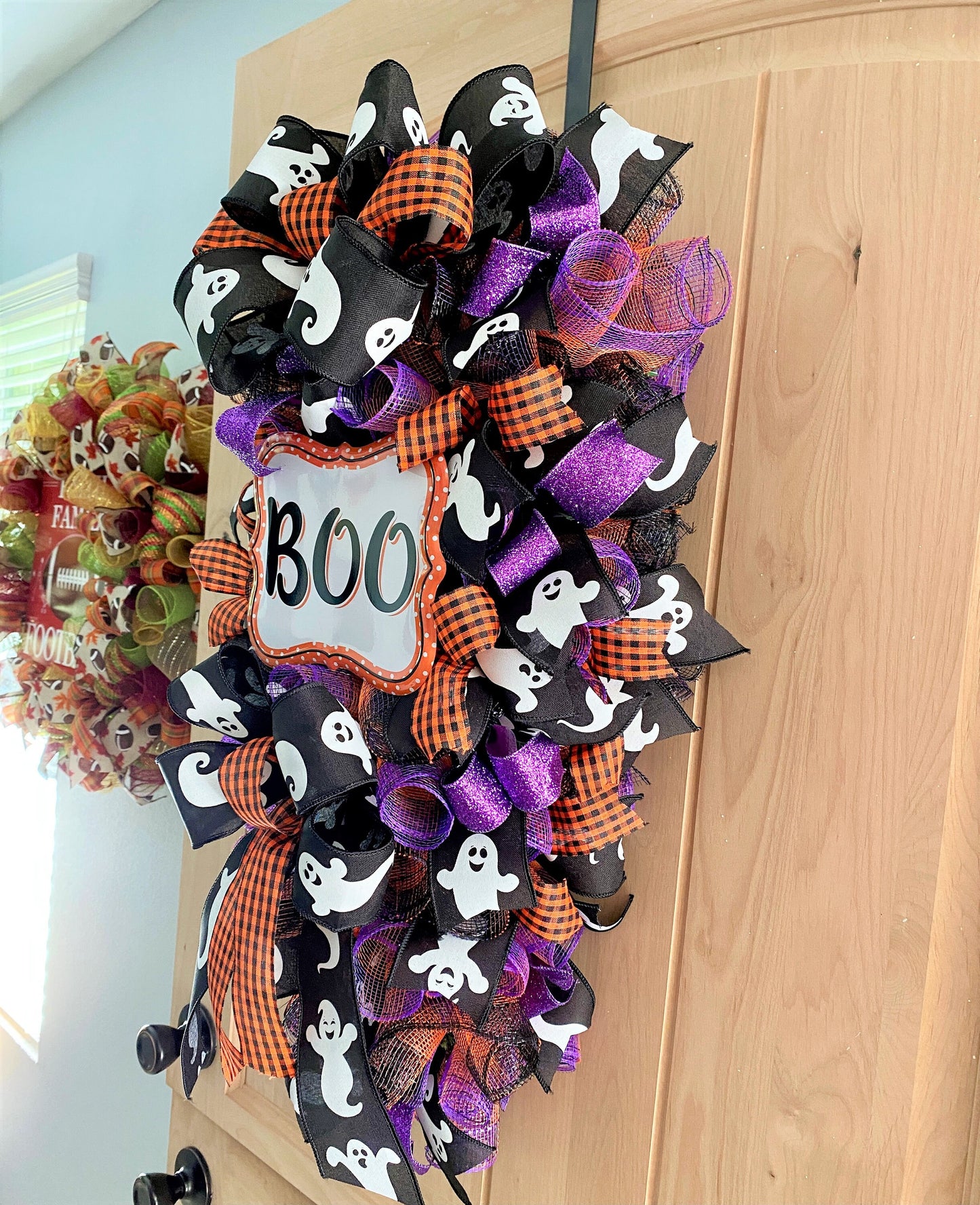 Halloween Door Swag, BOO, Teardrop Shape, Ghost, Orange, Black, Purple Glitter, Deco Mesh, 28" Length