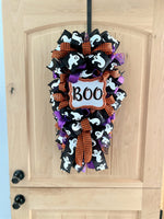 Halloween Door Swag, BOO, Teardrop Shape, Ghost, Orange, Black, Purple Glitter, Deco Mesh, 28" Length