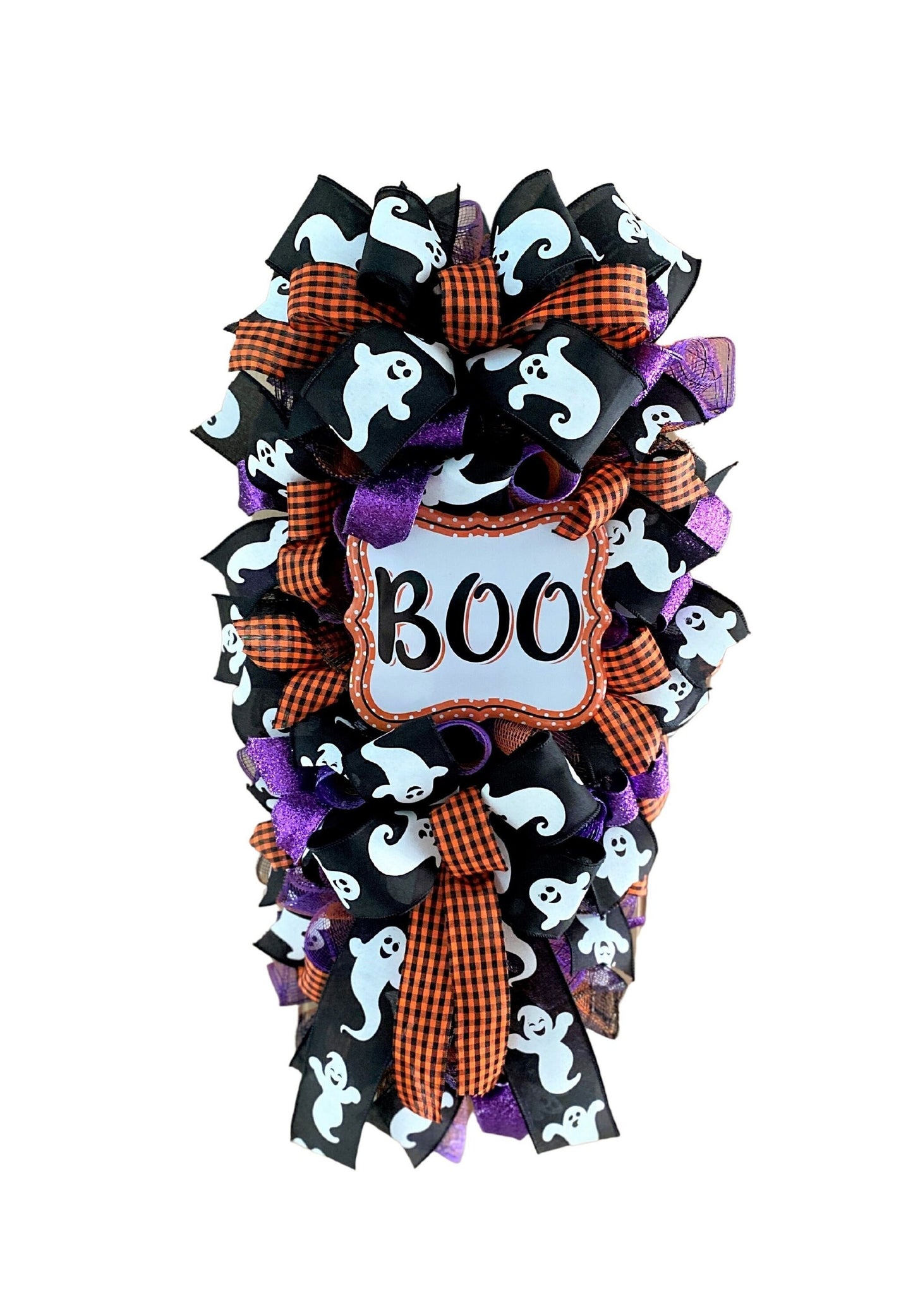 Halloween Door Swag, BOO, Teardrop Shape, Ghost, Orange, Black, Purple Glitter, Deco Mesh, 28" Length