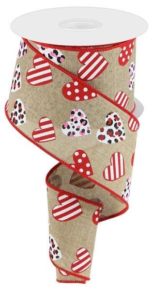 Valentine Ribbon,  Multi, Leopard, Hearts, Light Beige, Red, Pink, White, Black, Wired, 2.5" X 10 YD, RGC177701