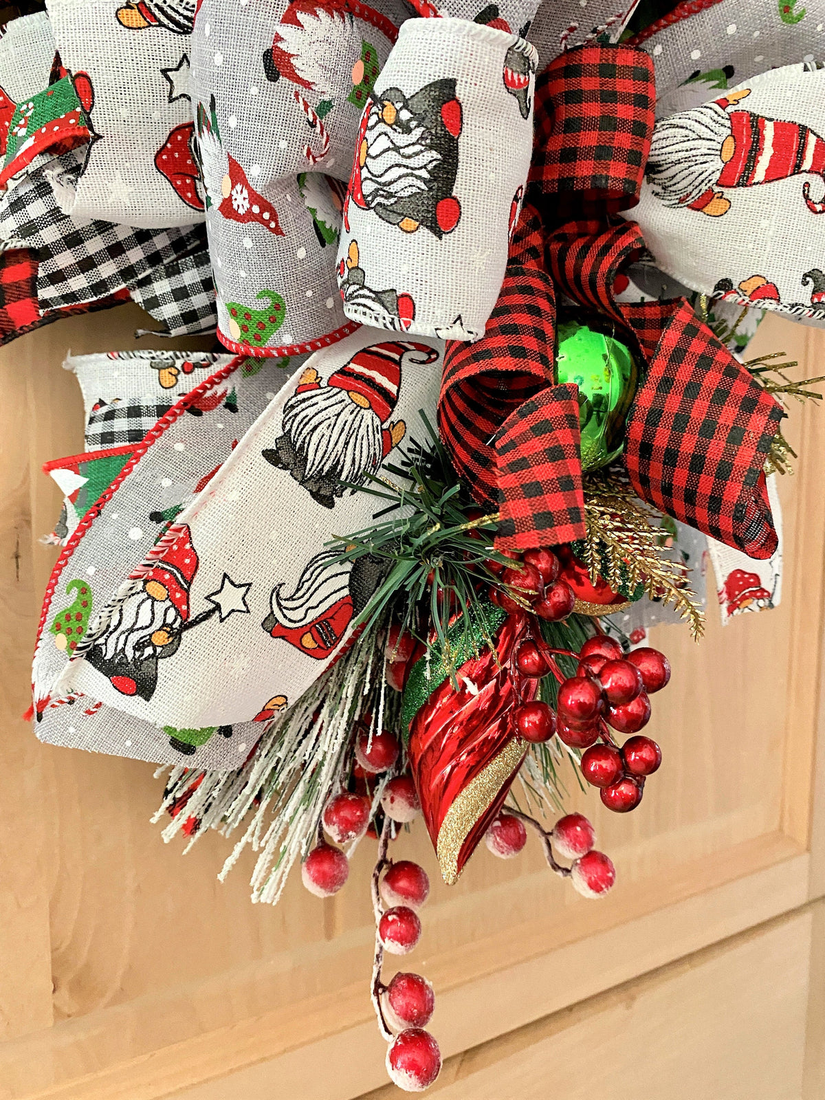 Gnome Door Swag, Merry Christmas, Red, and Black Buffalo Plaid, Ribbon, and Evergreen Teardrop Swag.